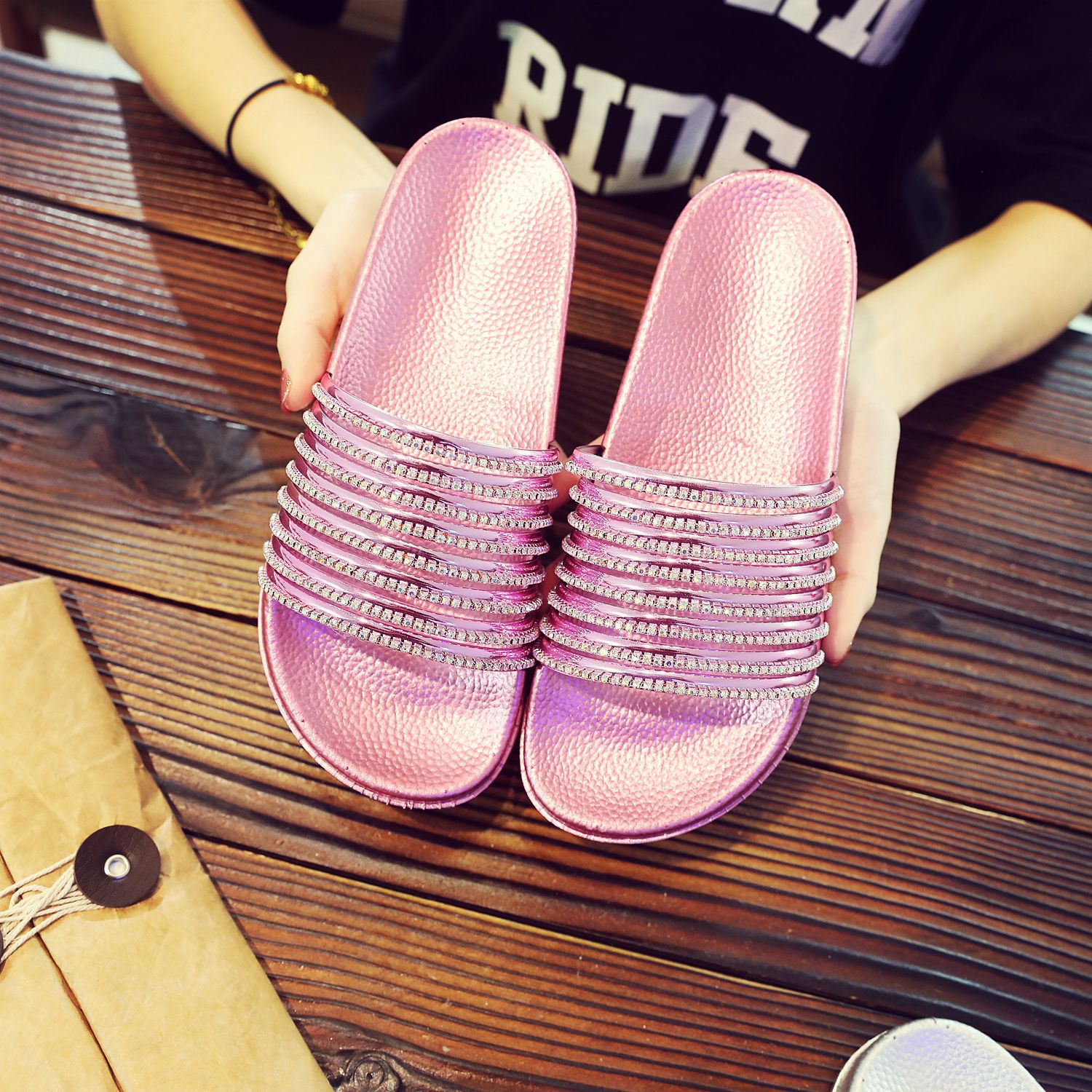 Shiny Bling Diamond Flat Bottomed Slippers Pvc