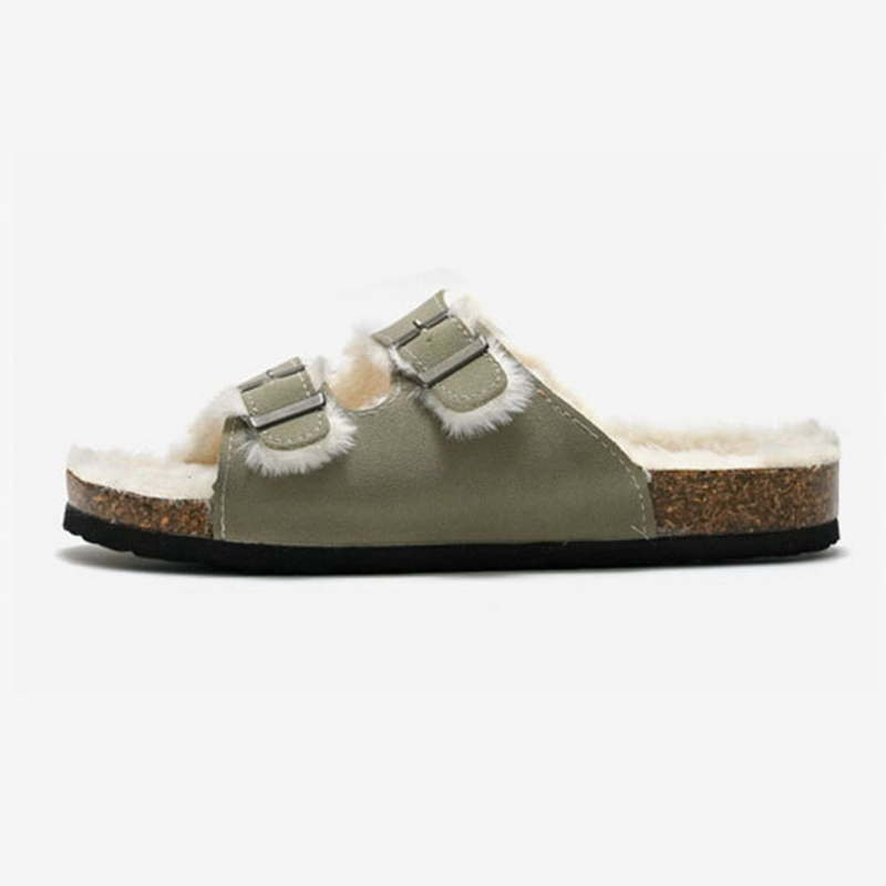 Autumn Winter New Fleece Slippers Women Cork Slippers Warm Men's Sandals Outdoor Suede Leather Double Buckled Open Toe Slippers