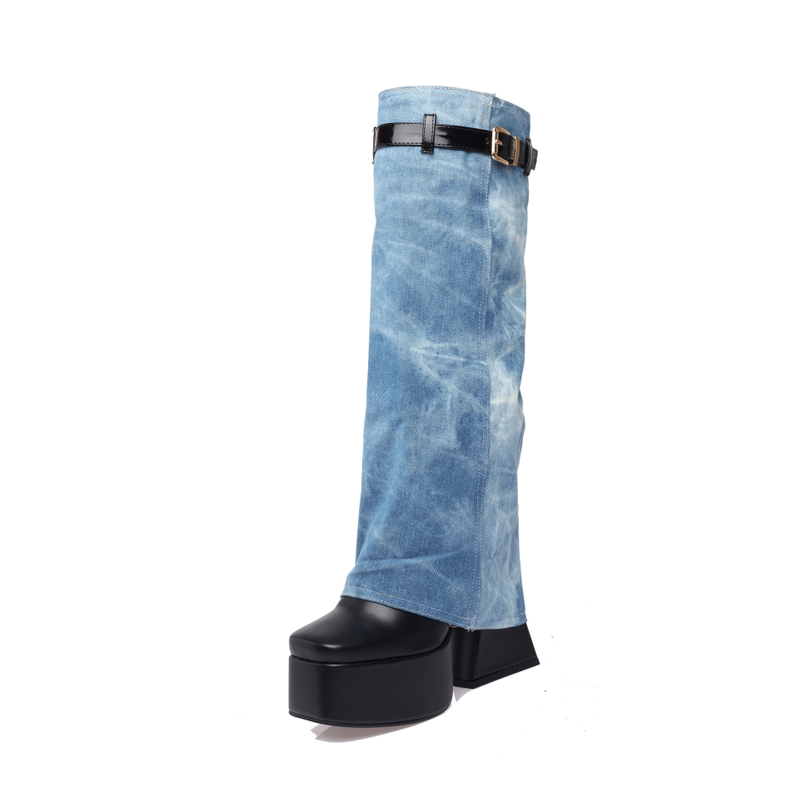 Platform Square Toe Denim Cowboy Long Booties Botas Largas De Mujer Botas De Goma Women's High Ladies Winter Boots Botas Largas