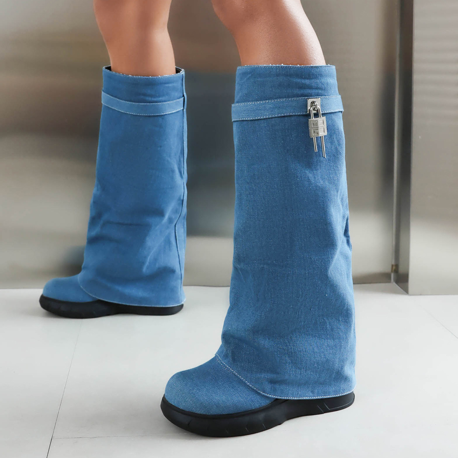 Denim Cowboy Botas Para Mujer De Invierno Women's Leather Boots Winter Boots for Women Knee-high