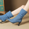 New Fashion High Women Boots High Heels Pointed Toe Woman Knee High Boots Lady Sexy Denim Cowboy Boots