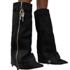 Fashion Ladies Chunky Heels Long Boots Wedge Heel Luxury Winter Round Toe Jean Denim Cowboy Boots Women Shoes Knee-high Winter