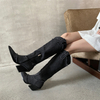 Western Wedge Heel Long Thick Heel Pointed Toe Women Denim Cowboy Boots Women Shoes Knee-high