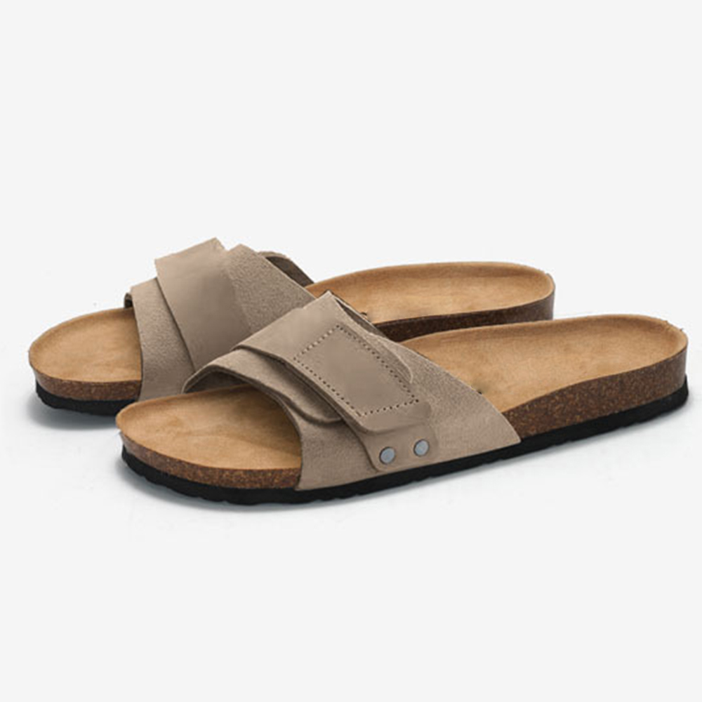 Fashion Solid Color Cork Bottom Beach Open Toe Strap Men's Summer Cork Leather Sole Slippers Sole Flat Sandals