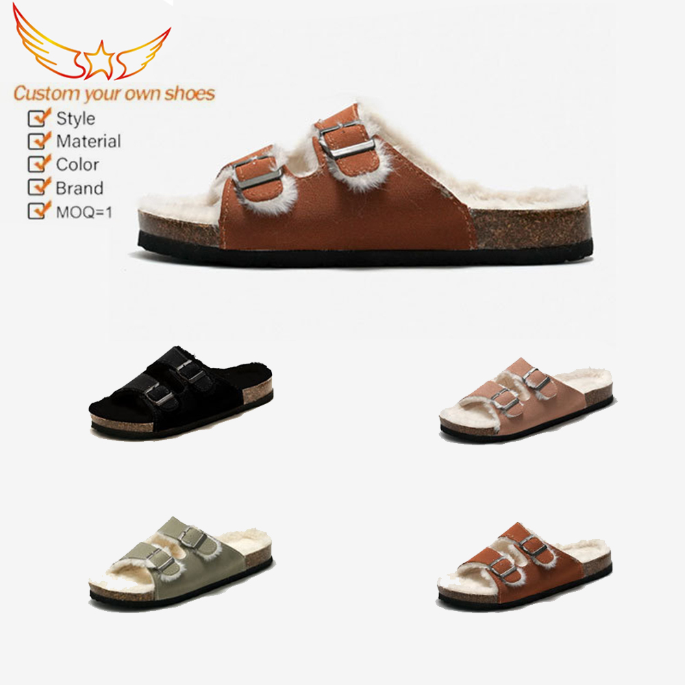 Autumn Winter New Fleece Slippers Women Cork Slippers Warm Men's Sandals Outdoor Suede Leather Double Buckled Open Toe Slippers