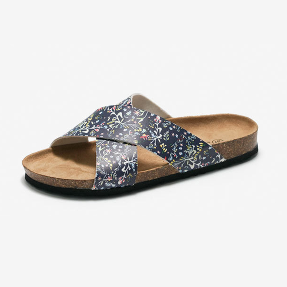 Women's Cork Slippers Cross Strap Breathable Light Flat Sandals Floral Design China Slippers
