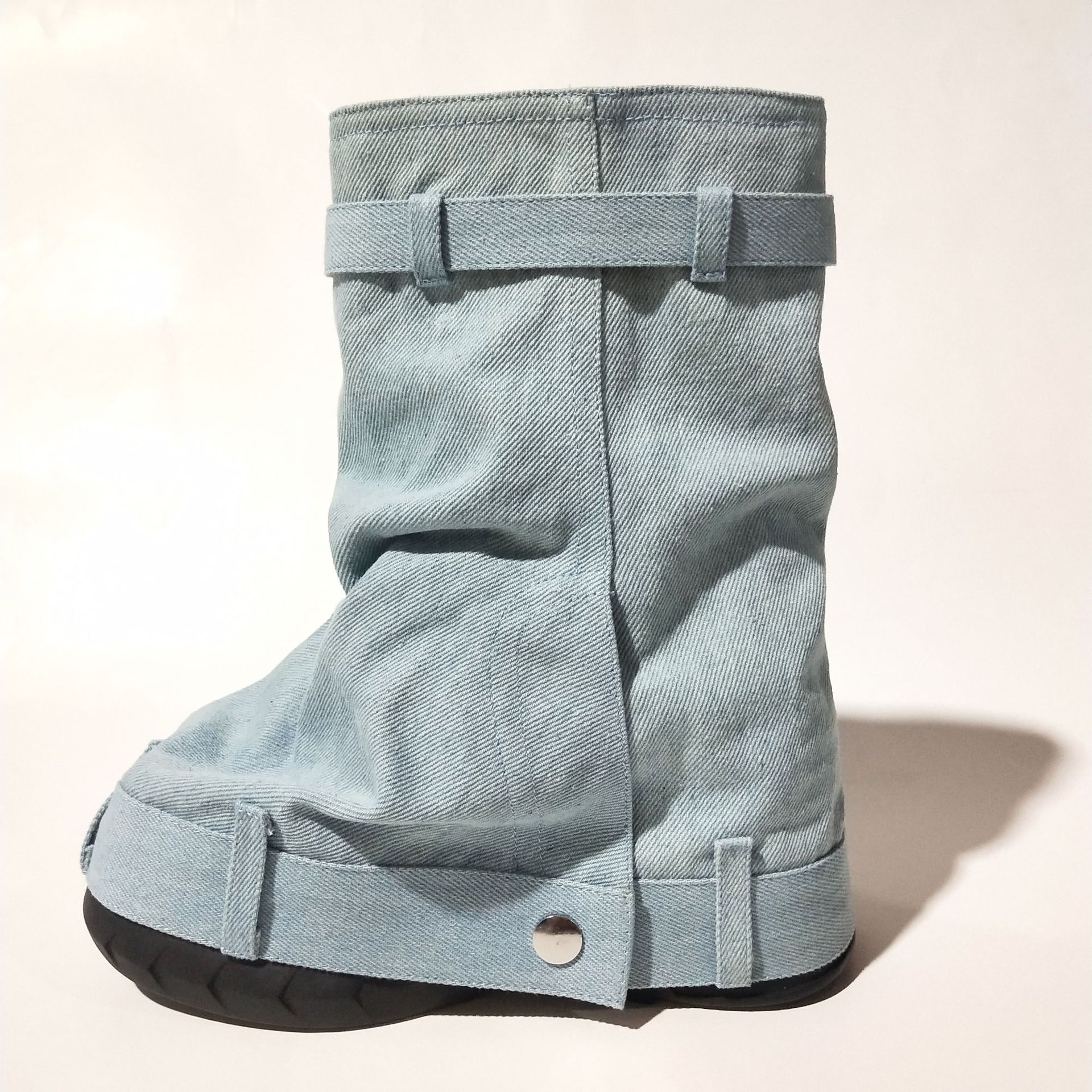 Fashion Designer Lock Platform Heels Denim Cowboy Female High Heel Boots for Women Botas De Caucho Shoes Woman Boot