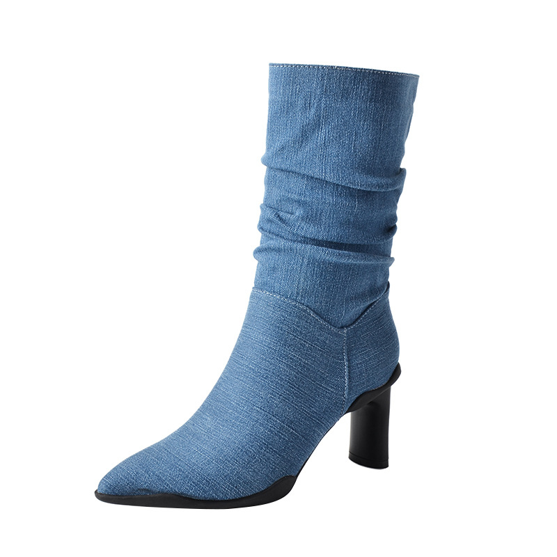 New Fashion High Women Boots High Heels Pointed Toe Woman Knee High Boots Lady Sexy Denim Cowboy Boots