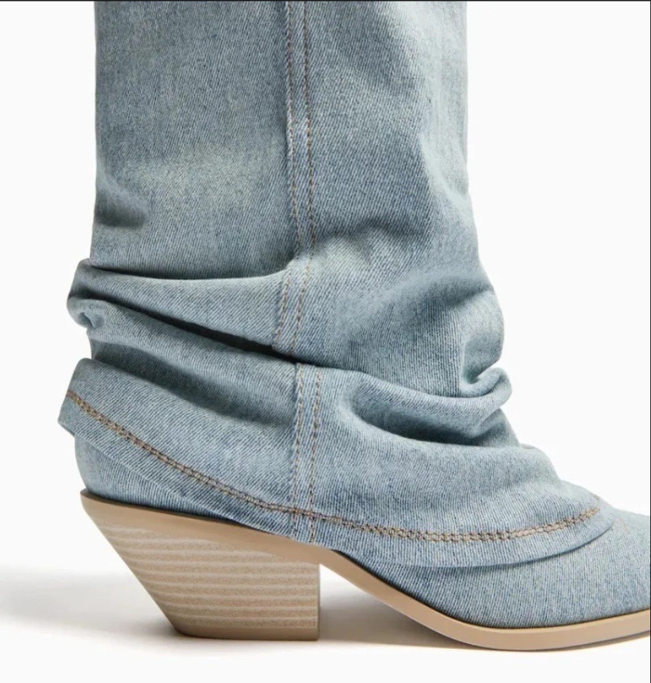 Denim Boots Western Light Blue High Heel Vintage Pointed Pile Up Tassel Short Cowboy Boots