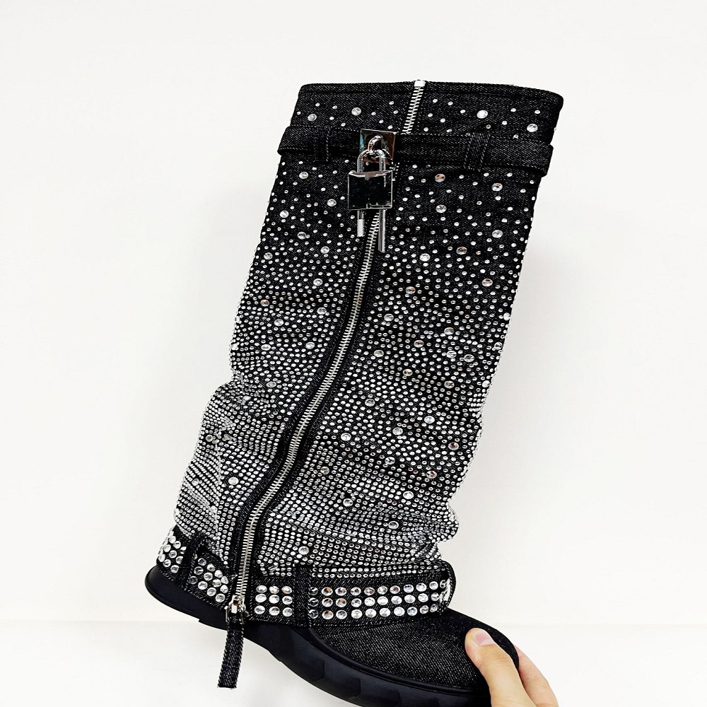 Diamond Rhinestone Denim Cowboy Botas Zapatos De Mujer Ladies Thigh High Boots Chelsea Boots Botas Winter Boots for Women