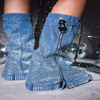 Wedge Metal Zipper Round Toe Slip On Calf Boot Sexy Diamond Rhinestone denim cowboy boots women shoes knee-high over-the-knee
