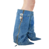 Fashion Ladies Chunky Heels Long Boots Wedge Heel Luxury Winter Round Toe Jean Denim Cowboy Boots Women Shoes Knee-high Winter