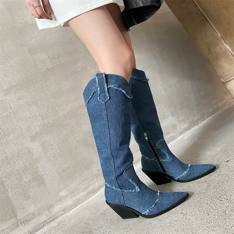 Western Wedge Heel Long Thick Heel Pointed Toe Women Denim Cowboy Boots Women Shoes Knee-high