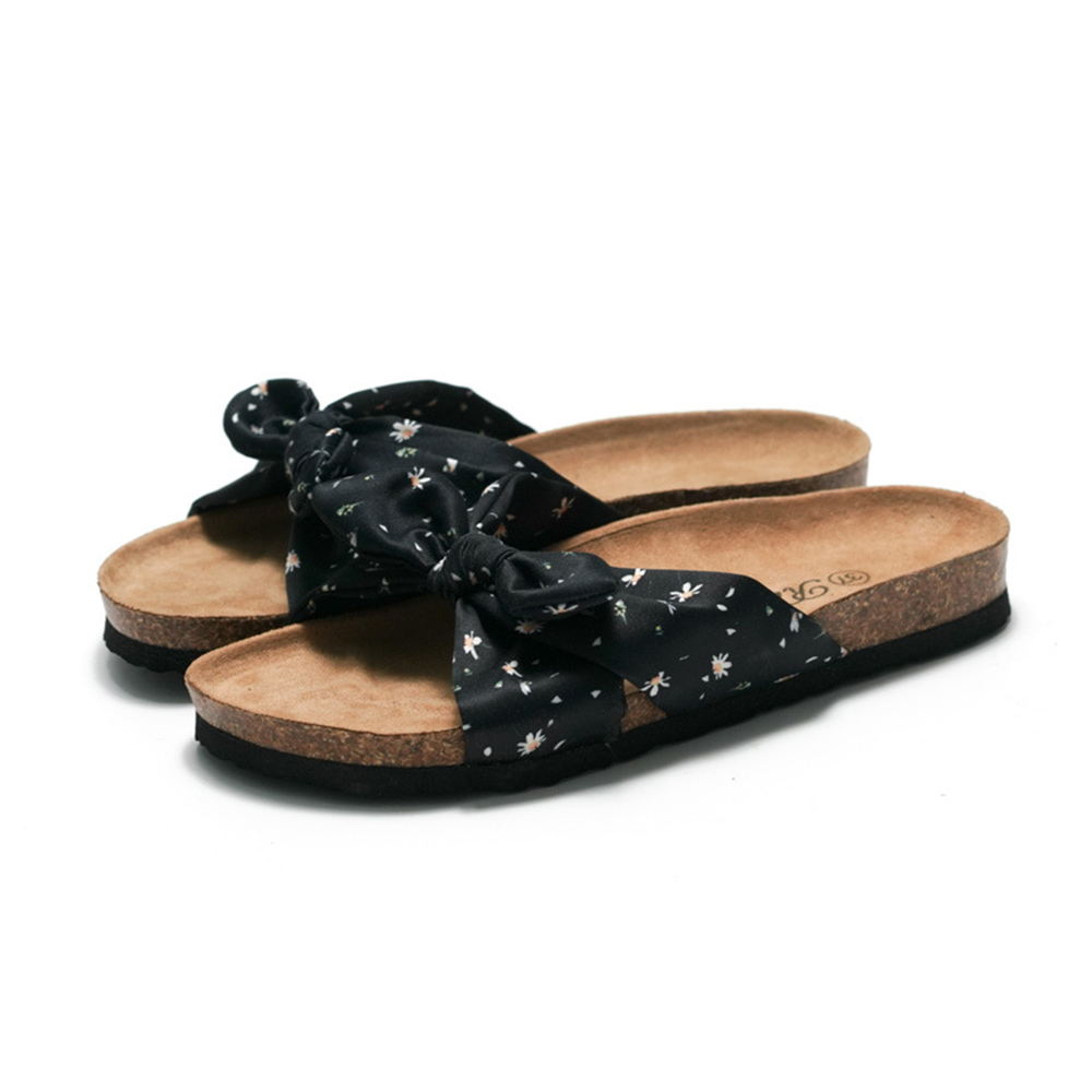 Ladies Fashion Trend Print Bow Beach Cork Slippers Breathable Cool Student Women Flat Sandals