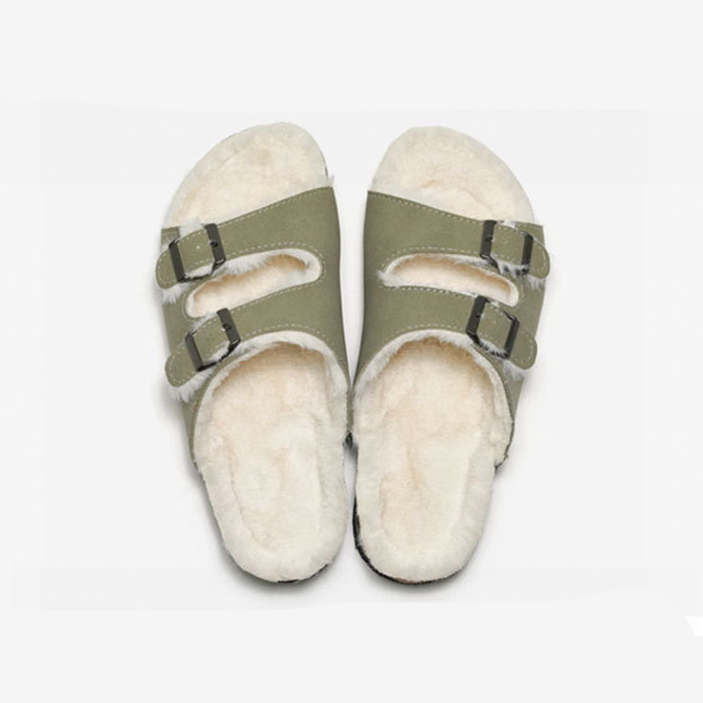 Autumn Winter New Fleece Slippers Women Cork Slippers Warm Men's Sandals Outdoor Suede Leather Double Buckled Open Toe Slippers