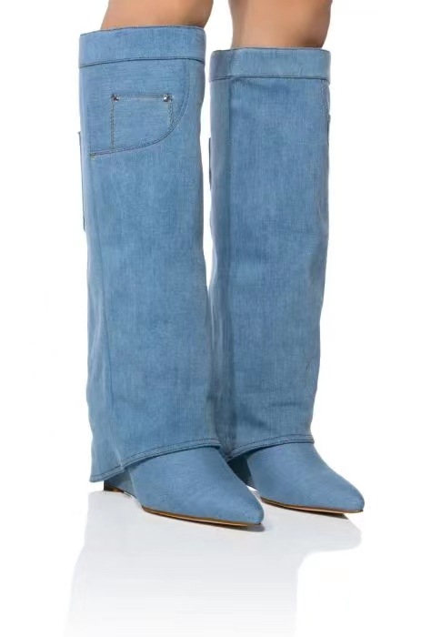 Wedge Heel Pointed Toe Denim Cowboy Knee High Long Boots Women Knee Botas Altas Shoes Custom Boots Button Booties for Women Girl