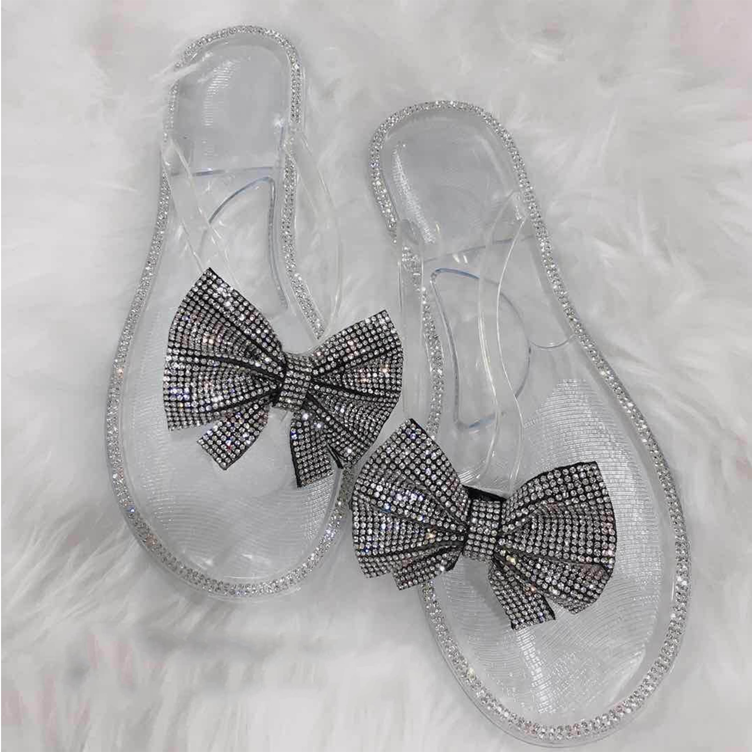 Fashion Women Rhinestone Diamond Shiny Bling Summer Soft Flat Slipper Butterfly Knot Bow Tielady Slides Flip Flop Shoes
