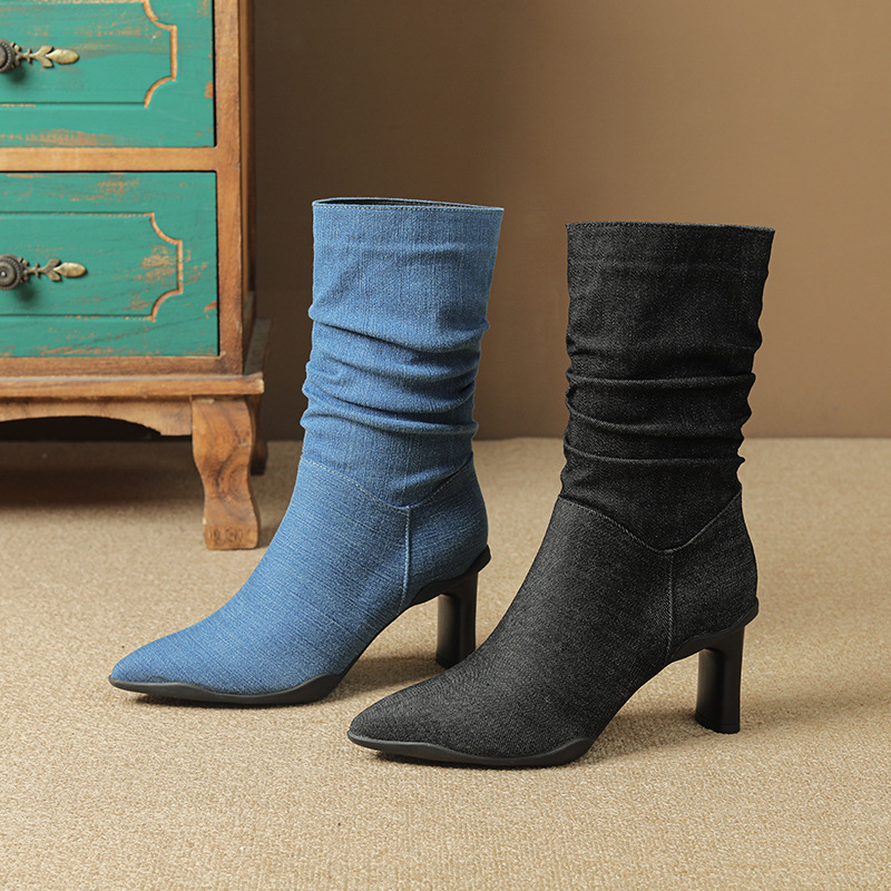 New Fashion High Women Boots High Heels Pointed Toe Woman Knee High Boots Lady Sexy Denim Cowboy Boots