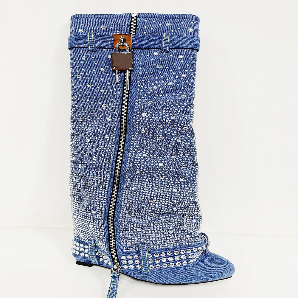 Diamond Rhinestone Denim Cowboy Botas Zapatos De Mujer Ladies Thigh High Boots Chelsea Boots Botas Winter Boots for Women