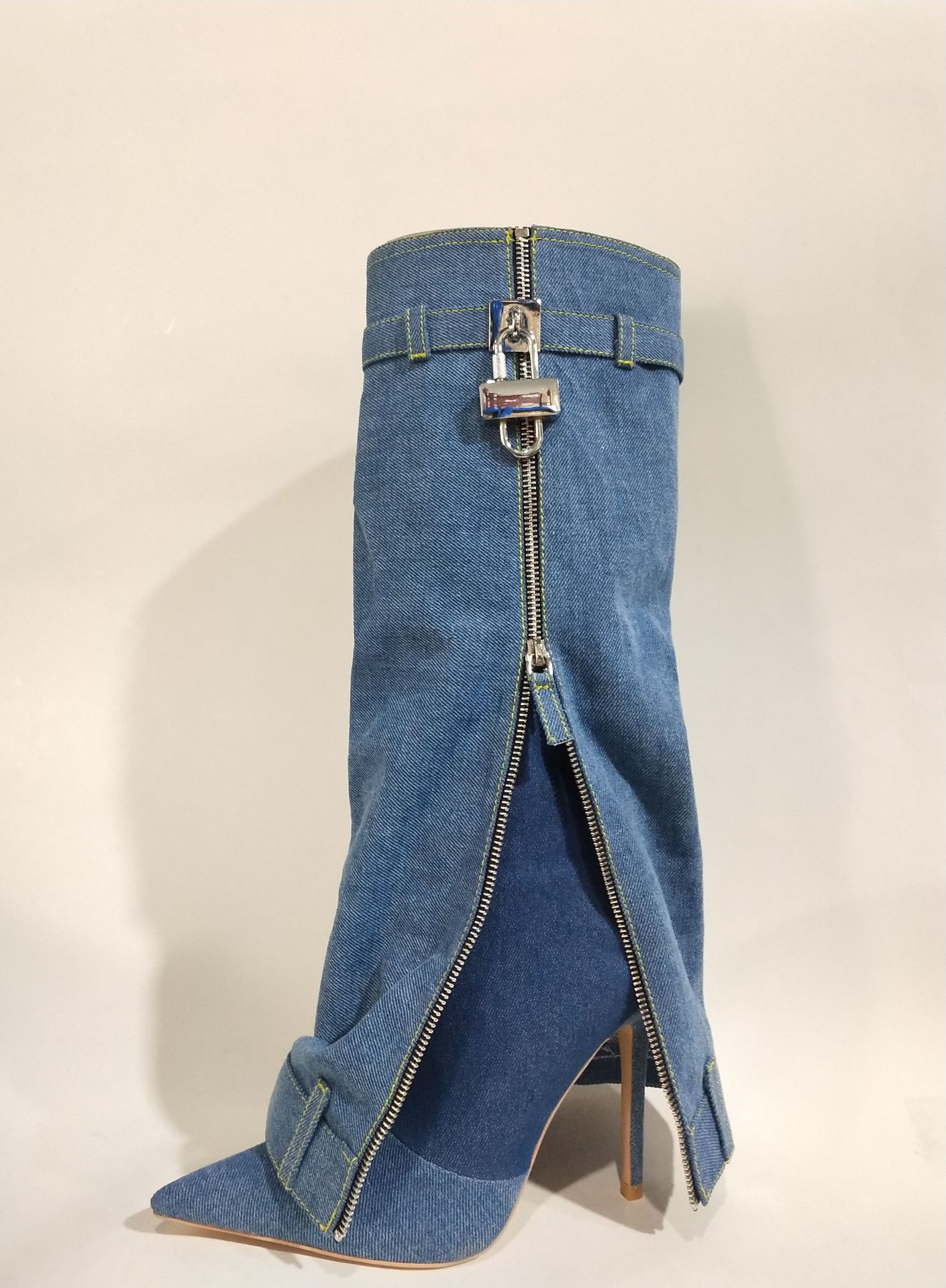 Fashion Ladies Chunky Heels Long Boots Wedge Heel Luxury Winter Round Toe Jean Denim Cowboy Boots Women Shoes Knee-high Winter