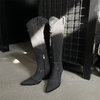 Western Wedge Heel Long Thick Heel Pointed Toe Women Denim Cowboy Boots Women Shoes Knee-high