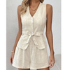 Cotton And Linen Commuter Style Casual Sleeveless Vest Shorts Suit Summer Fashion Khaki Women's Two-Piece Suit