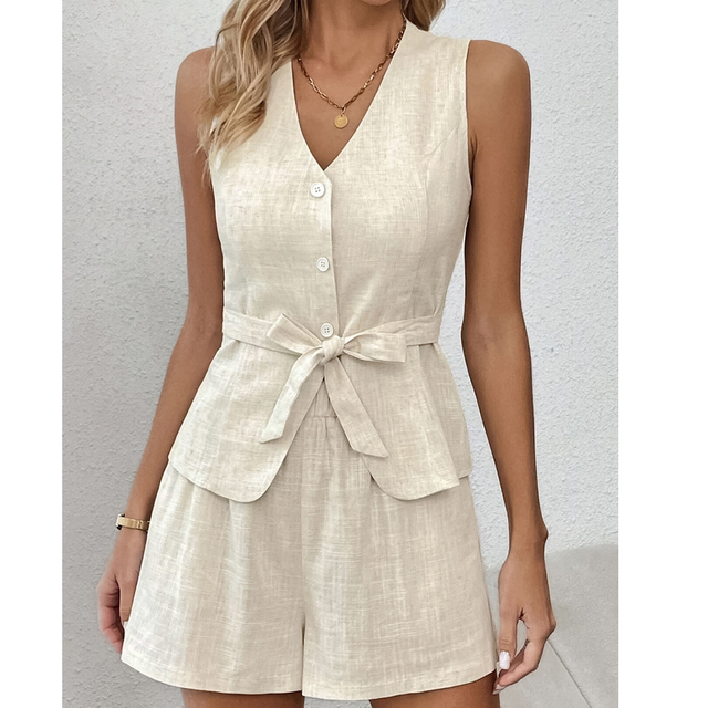 Cotton And Linen Commuter Style Casual Sleeveless Vest Shorts Suit Summer Fashion Khaki Women's Two-Piece Suit