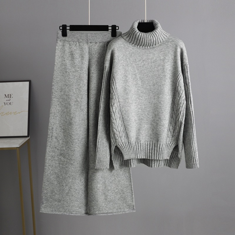  Sweater Wide Leg Pants Turtleneck Heavy Sweater Two Piece Set Women Clothing