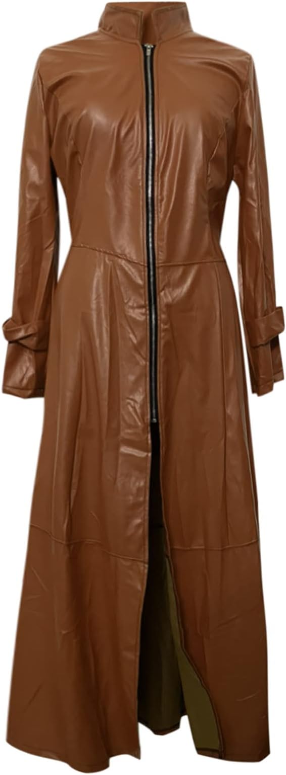  Women's Long Leather Jackets Slim Fit Motorcycle Jacket Faux Leather Trench Coat Full Zipper Jackets Trendy Outerwear