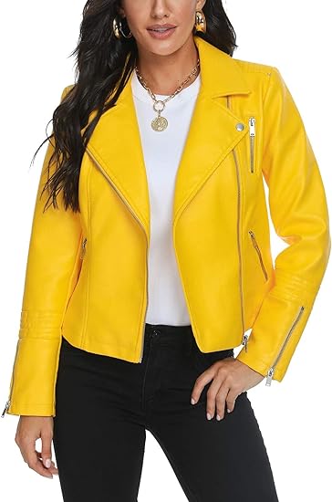 Faux Leather Jacket for Women, Moto Biker Motocycle Coat Lightweight Blazer 