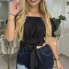 Square Collar Short Sexy Backless Top For Women Cut Out Knot Front Puff Sleeve Crop Blouse