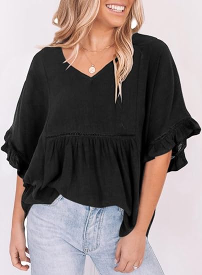 Womens Blouses Casual V Neck Ruffle Bell Half Sleeve Shirts Top