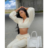 Long Sleeve V Neck Crop Top Sweat Suit + 2 Piece Sweatshirt Jogger Pants Set Women