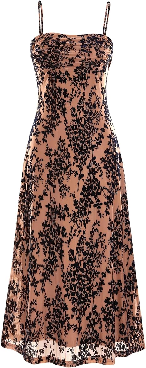 Women's Summer Dress Sleeveless Spaghetti Strap Midi Dress Sexy Cowl Neck Flora Dress Party Dresses