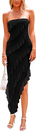 Womens Strapless Tube Asymmetrical Ruffle Maxi Bodycon Dress
