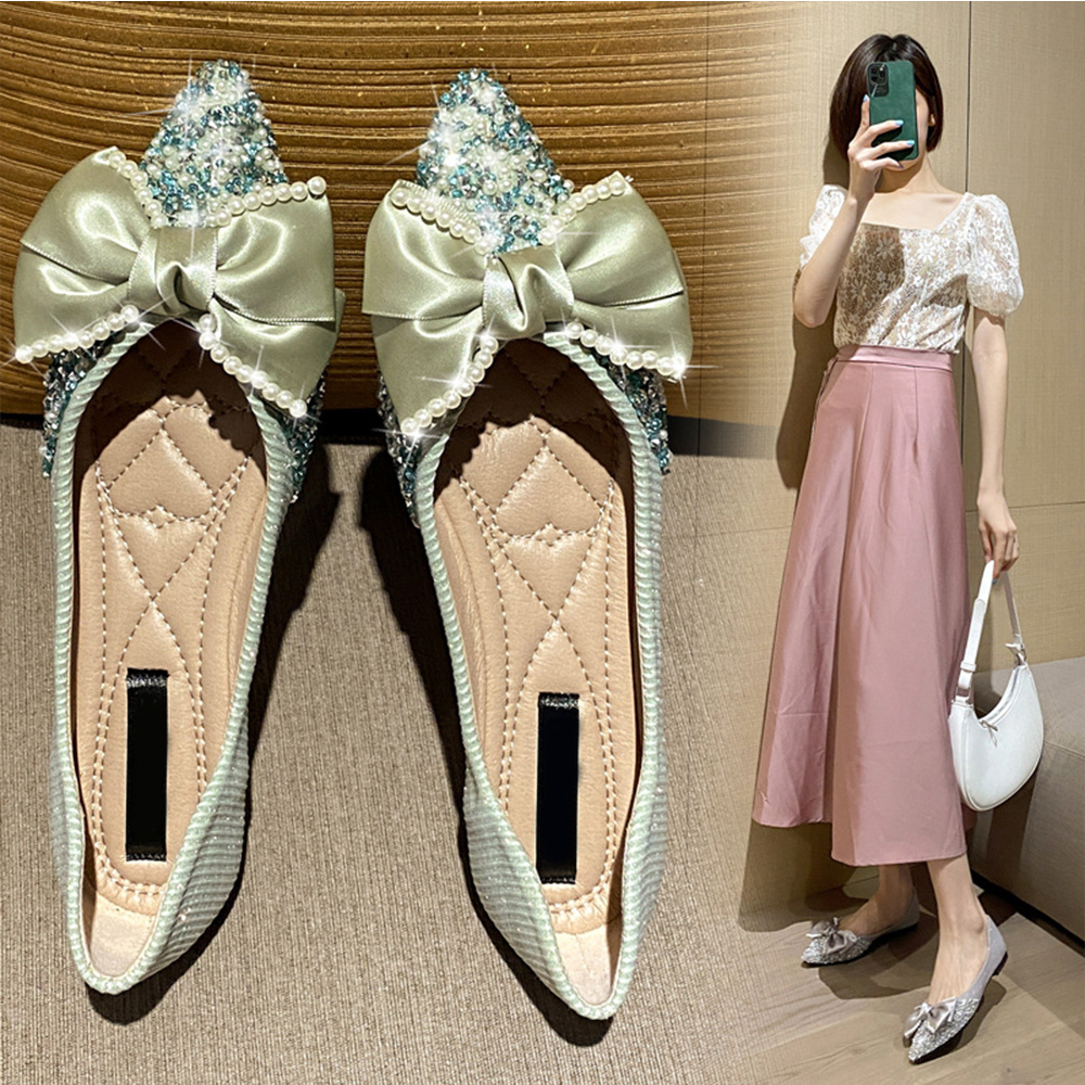 Elegant Flat Shoes Bow Point Toe Shoes Summer Rhinestones Women Fashion Shoes