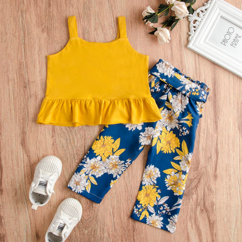Kids Girls Summer Clothes Sets Sleeveless Button Tops +bowknot Belt Shorts 2pcs Suit Kids Baby Girl Sunflower Clothes