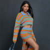 Fall Winter Women's Sets Knitted Outfits Zipper Cardigan+split Skirt Striped Sweater 2 Piece Set Women