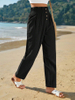  Solid Color High Waist Casual Button Cotton Linen Wide Leg Pants Women's Pants