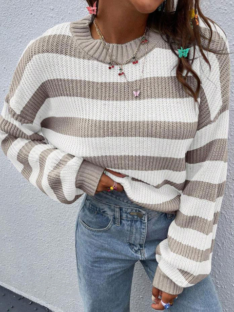 Winter Ladies Casual Long Sleeve Sweater Women's Colour Block Patchwork Drop Shoulder Knitted Sweater Striped Pattern Drop Shoulder Sweater