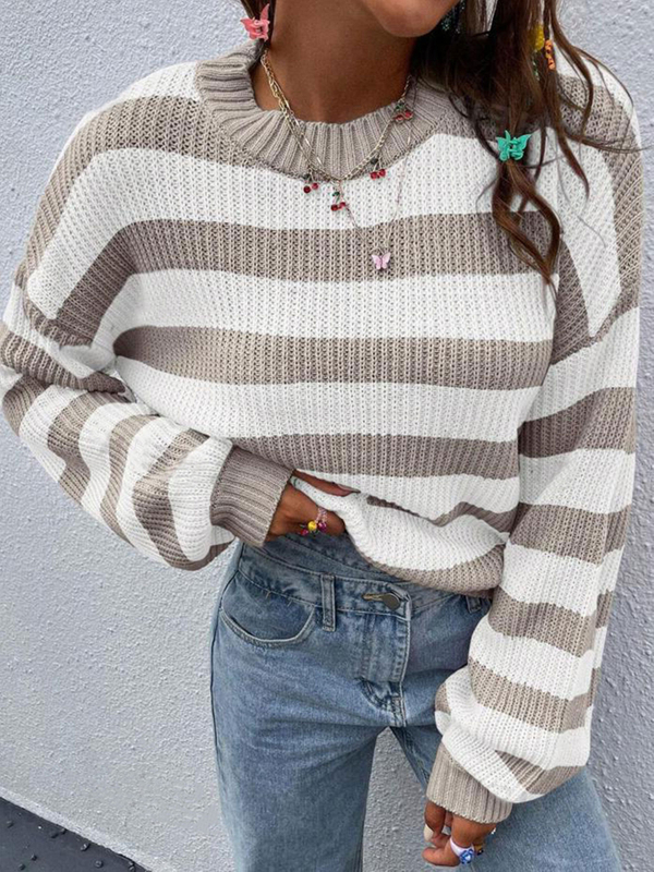 Winter Ladies Casual Long Sleeve Sweater Women's Colour Block Patchwork Drop Shoulder Knitted Sweater Striped Pattern Drop Shoulder Sweater