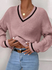 Frenchy Striped Trim Drop Shoulder Cricket V Neck Sweater