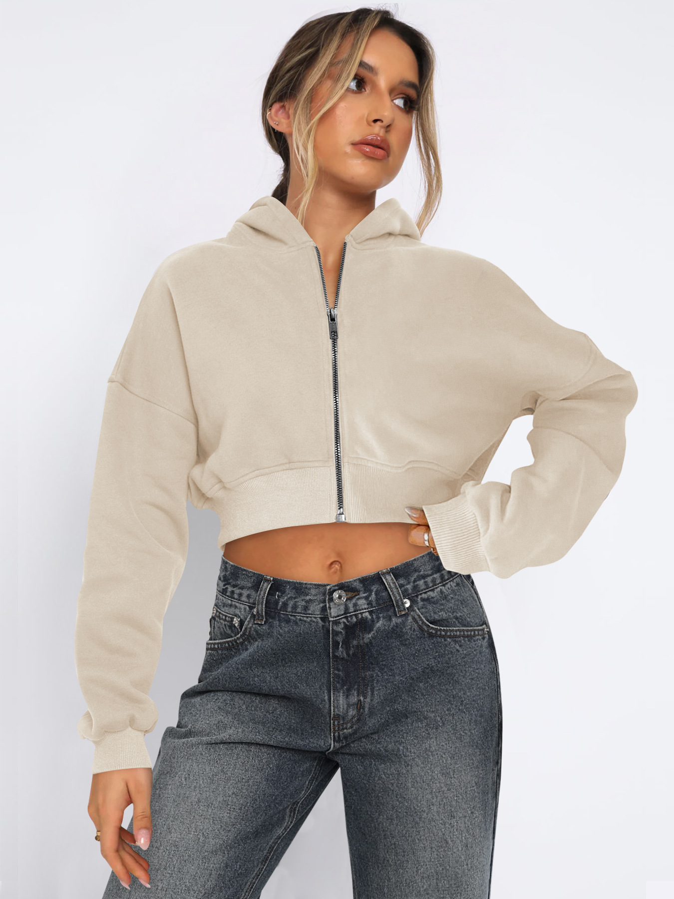 French Terry Full Zip Up Open Drop Shoulder Hooded Autumn Over Size Hoodies for Women