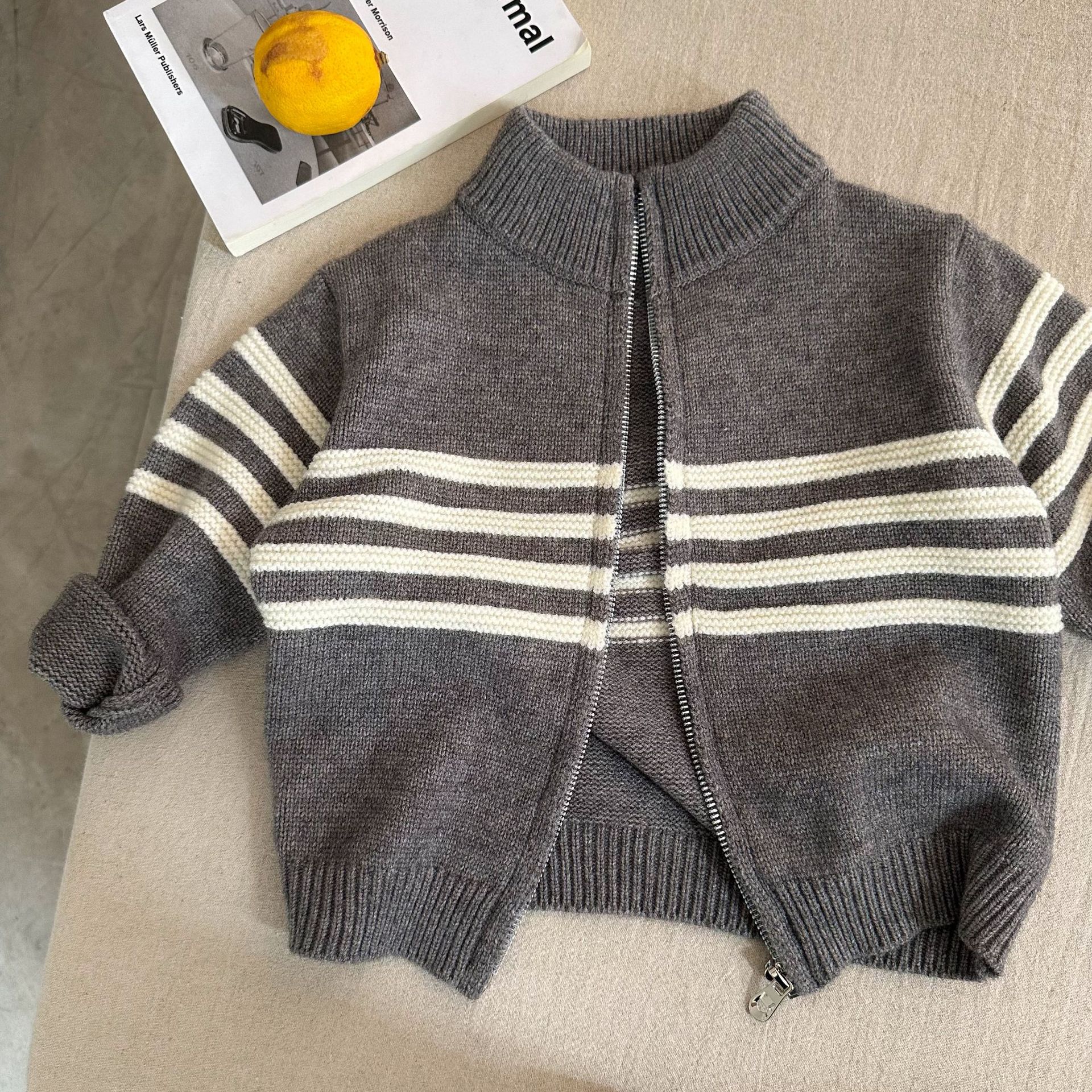 Winter Coat Kids Long Sleeve Zip Full Placket Cotton Knitted Children Sweater