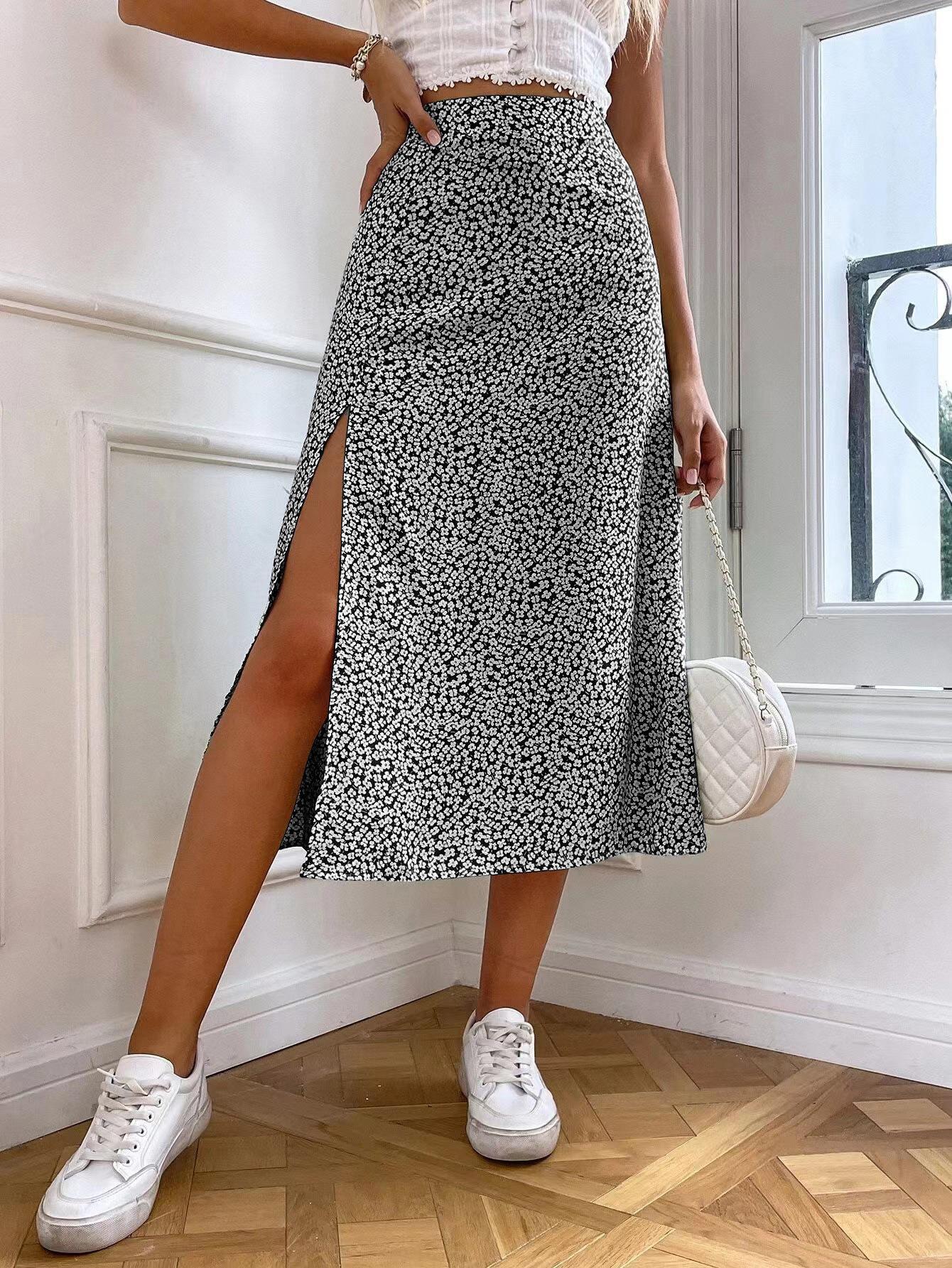 Floral Split Mini Skirt Sexy Waist A Swing Bag Hip Skirt Hot Girl Long Skirt