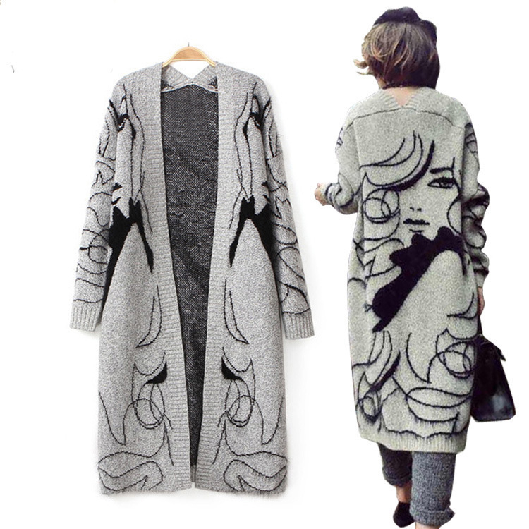Women Fashion Cardigan Coat Autumn Winter Mid Length Knitwear Casual Elegant Lady Loose Sweater Coat