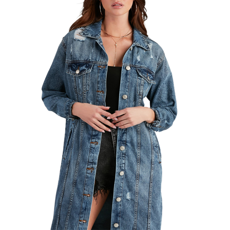 Plus Size Denim Jacket Women's Solid Color Tassel Breasted Ripped Hole Long Denim Trench Coat