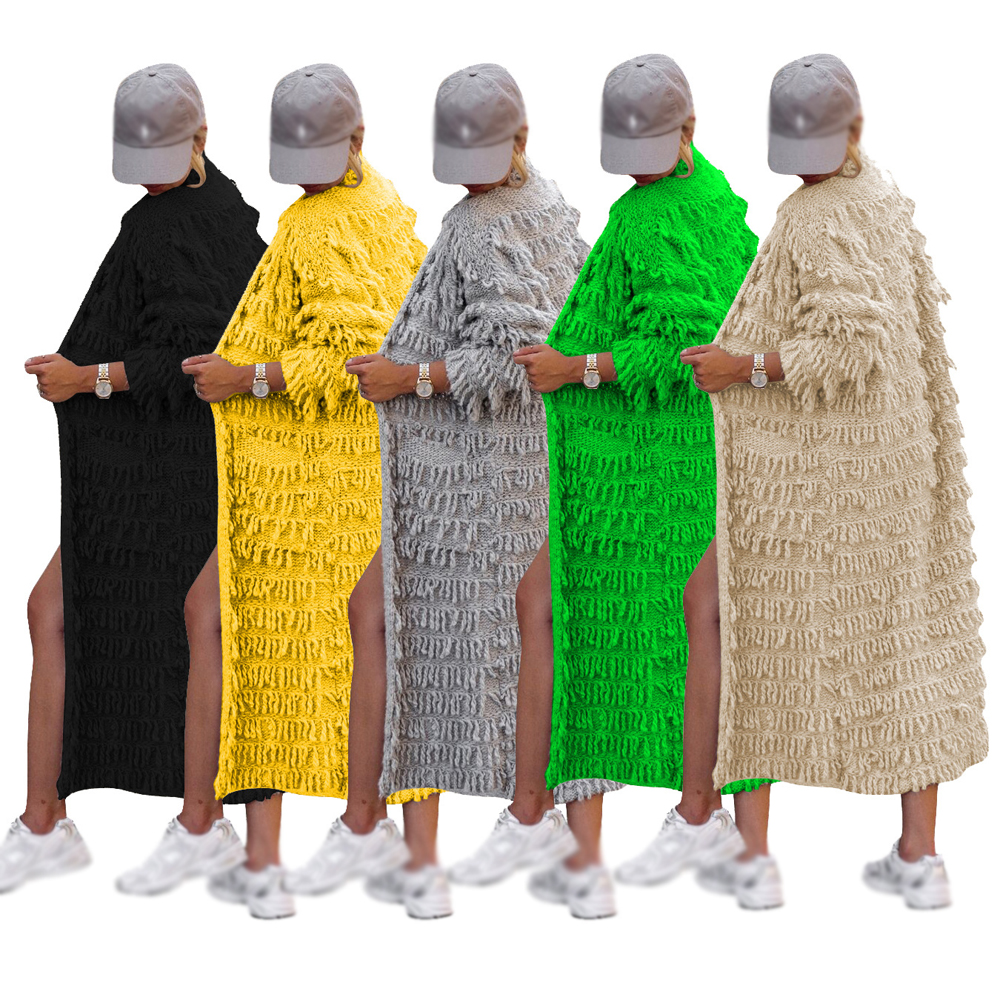 Fall Women Tassel Knitted Jacket Fashion Winter Solid Color Long Cardigan Coat With Tassel