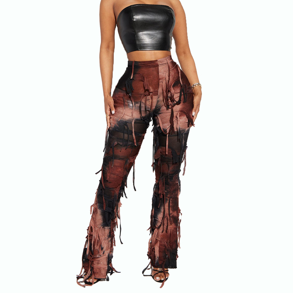 Women Stretch Latest Trendy High Street Tie Dye Baggy Pants With Ripped Fringe Design Chic Y2k Pants Women Streetwear