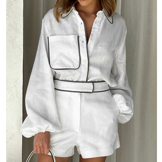  Long Sleeve Designer Color Block Shirt Shorts Women Two Piece Sets